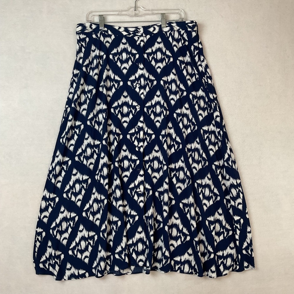 Talbots Womens Navy Blue White Ikat Diamond A-Line Midi Skirt‎ Size 16 Viscose